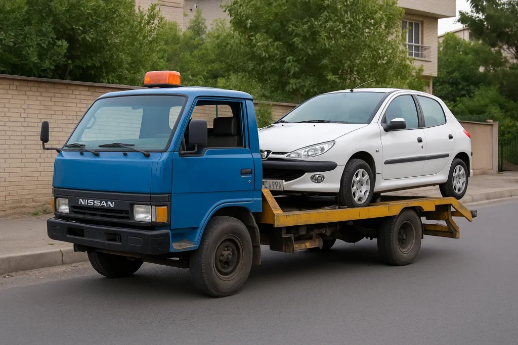 نیسان جرثقیل در حال حمل پژو ۲۰۶ سفید، نمایش‌دهنده خدمات امداد خودرو ماشین‌بر در تهران